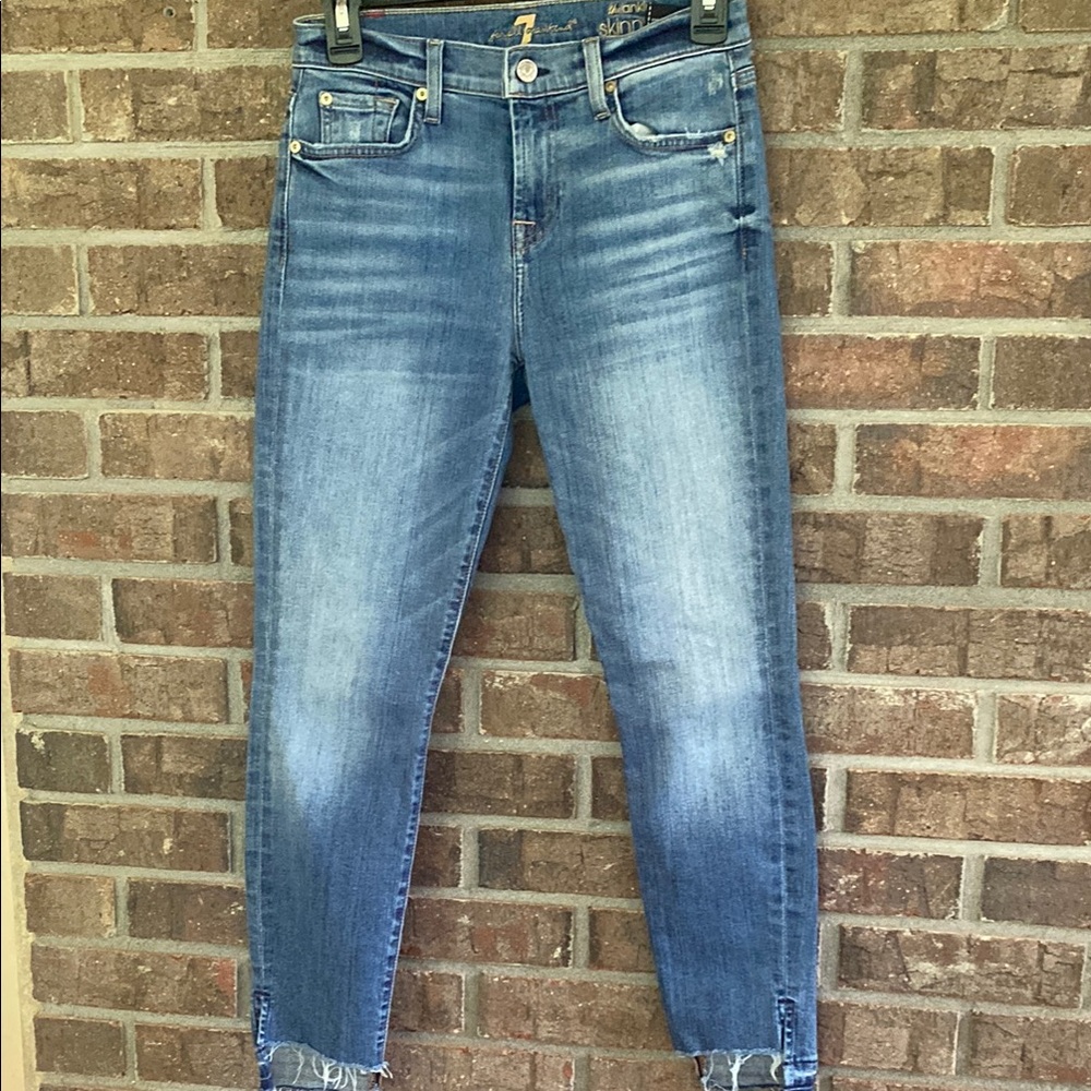7 For All Mankind Blue Ankle Cropped Jeans with Raw Hem